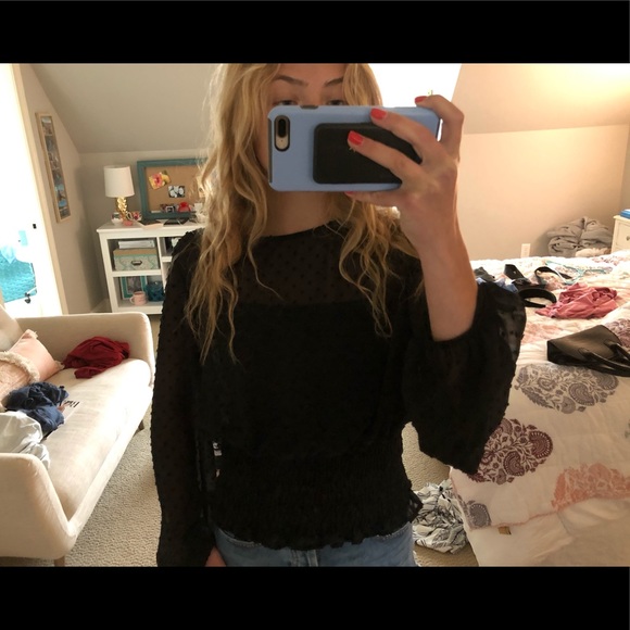 Sheer Black Top with Embroidered Polka Dots - Picture 2 of 4